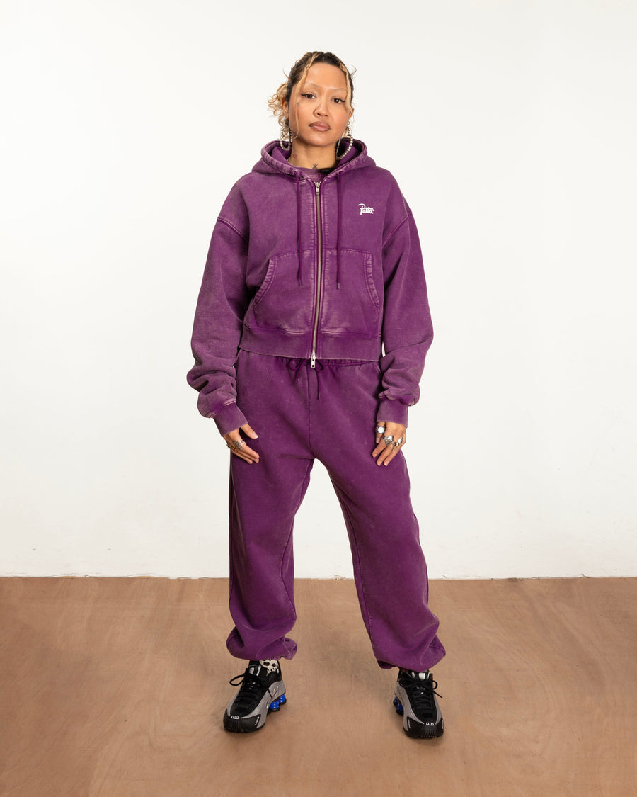 Patta Femme Acid Wash Cropped Zip-Up Hooded Sweater (Dark Purple )